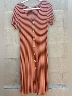 Ellison Orange and Navy Striped Button-Front Dress
